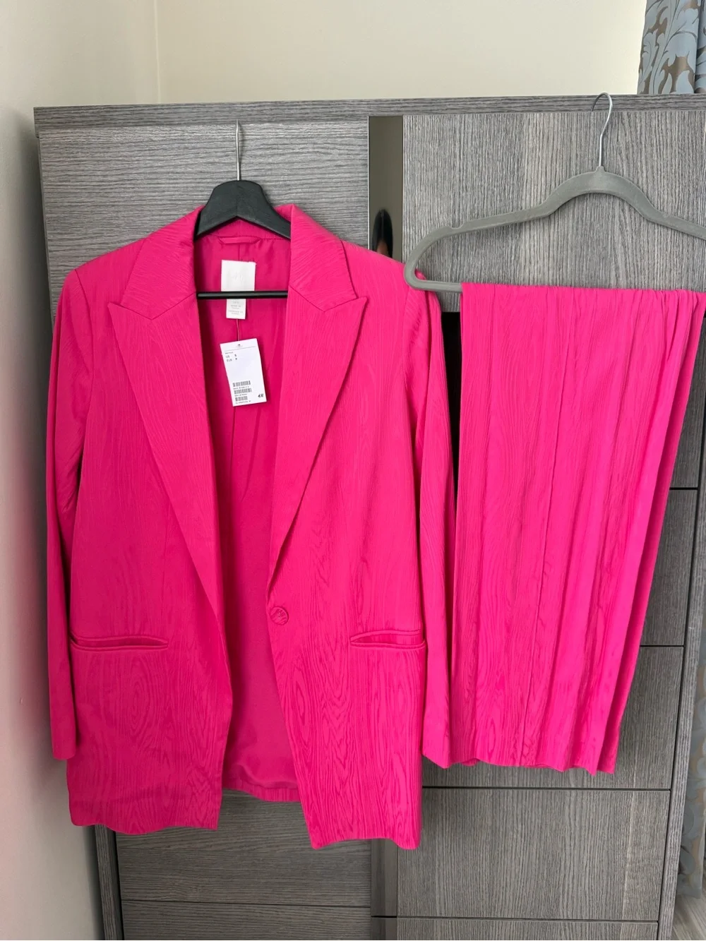 Hot Pink Textured Women's Blazer and Trousers Set